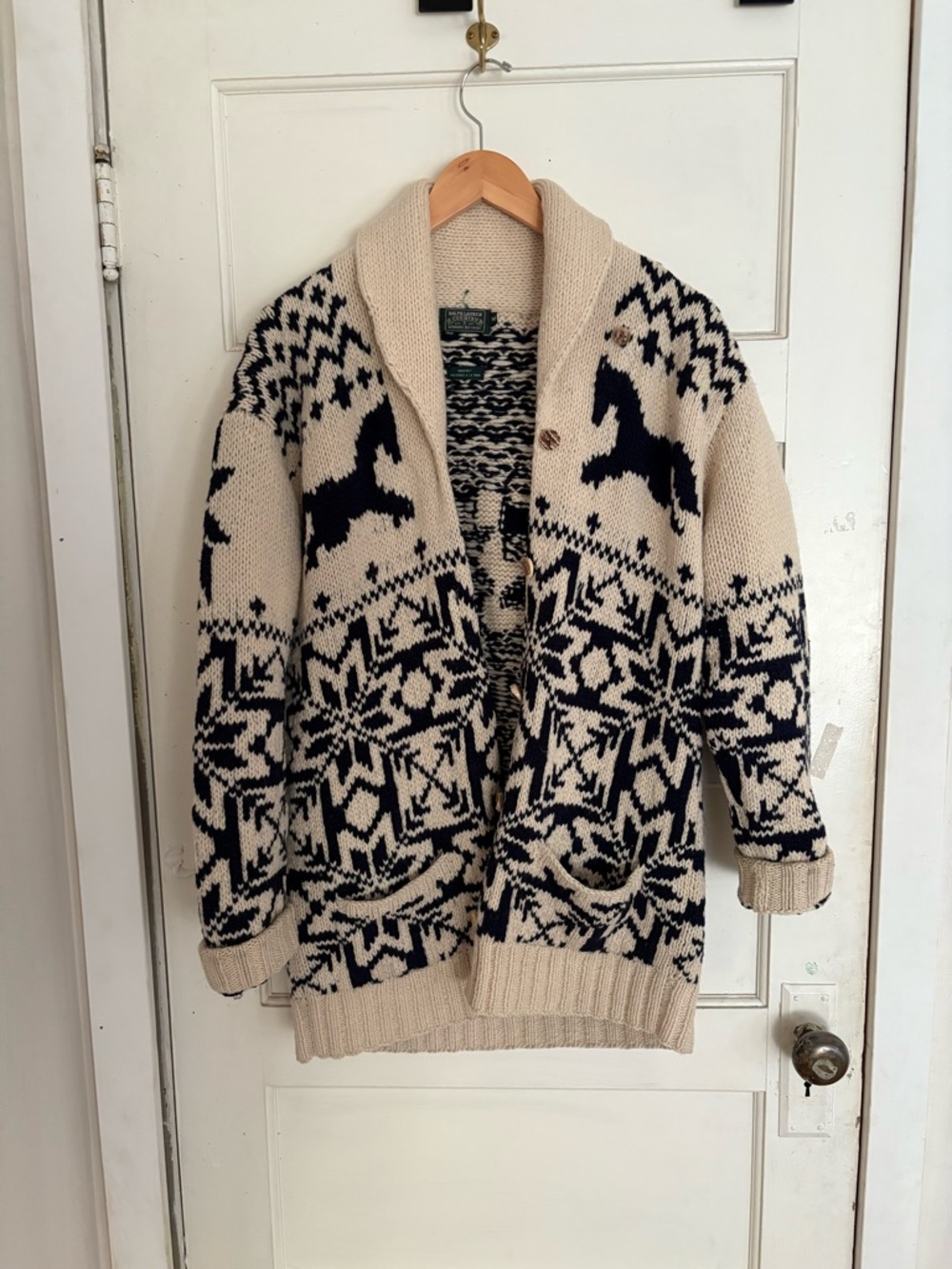 Ralph Lauren Cream & Navy Shawl-Collar Horse Fair Isle Cardigan